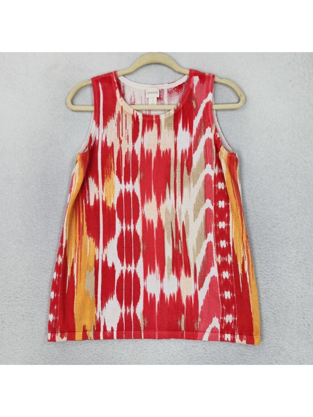 Chicos Shirt Womens 1 8 Red Orange Geometric Knit Tank Top Sleeveless Casual